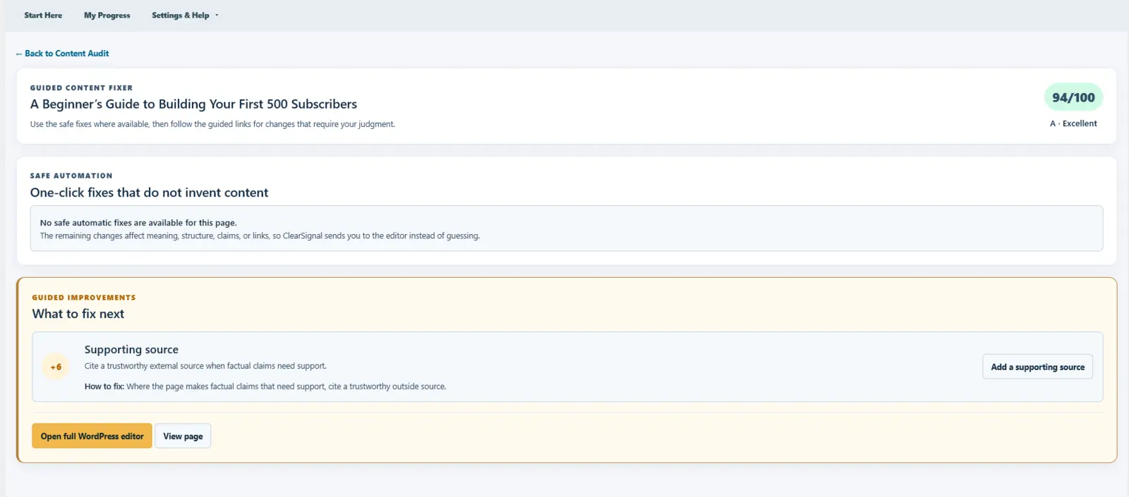 ClearSignal Guided Improvement screen explaining the fix and opening the WordPress editor