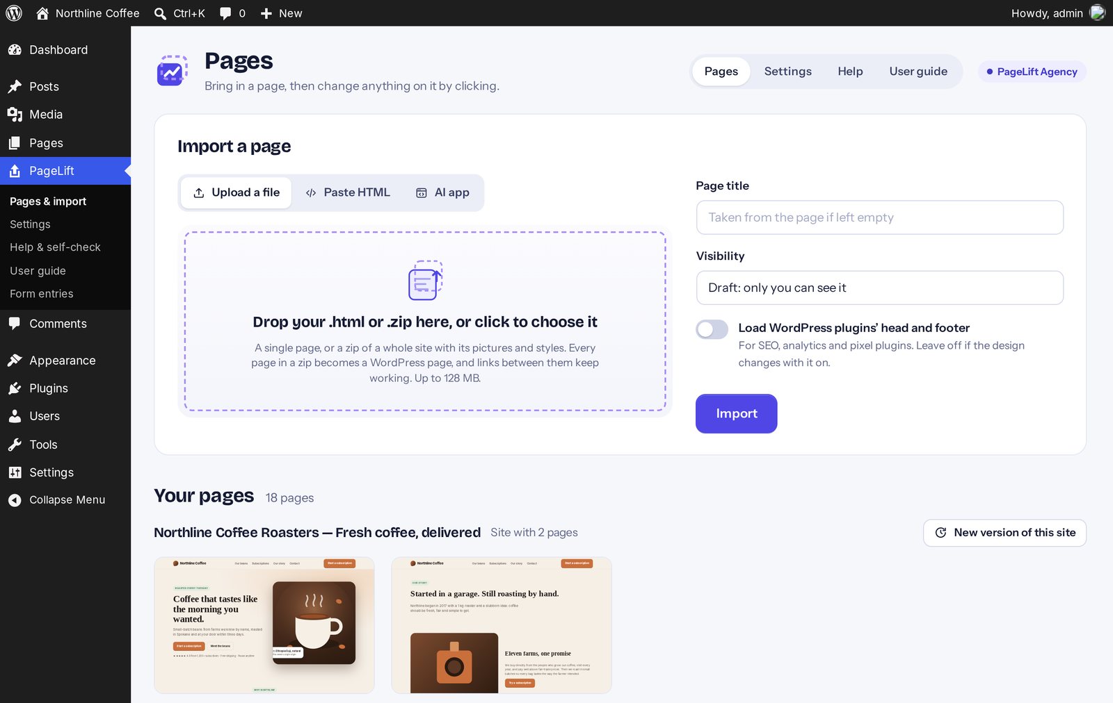 The PageLift import screen with upload, paste and AI app tabs