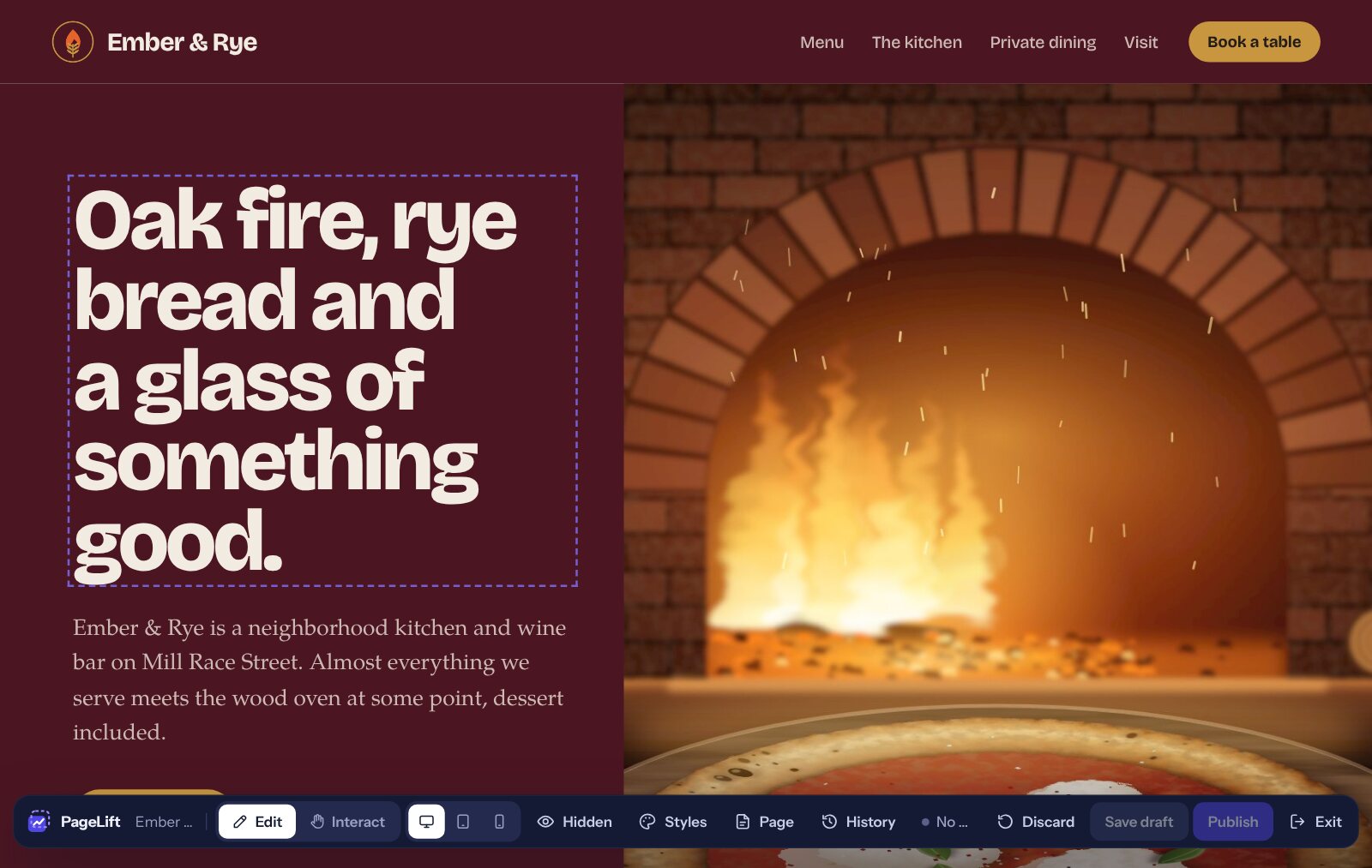 The PageLift editor open on a restaurant’s home page, with the headline outlined for editing and the PageLift toolbar at the bottom