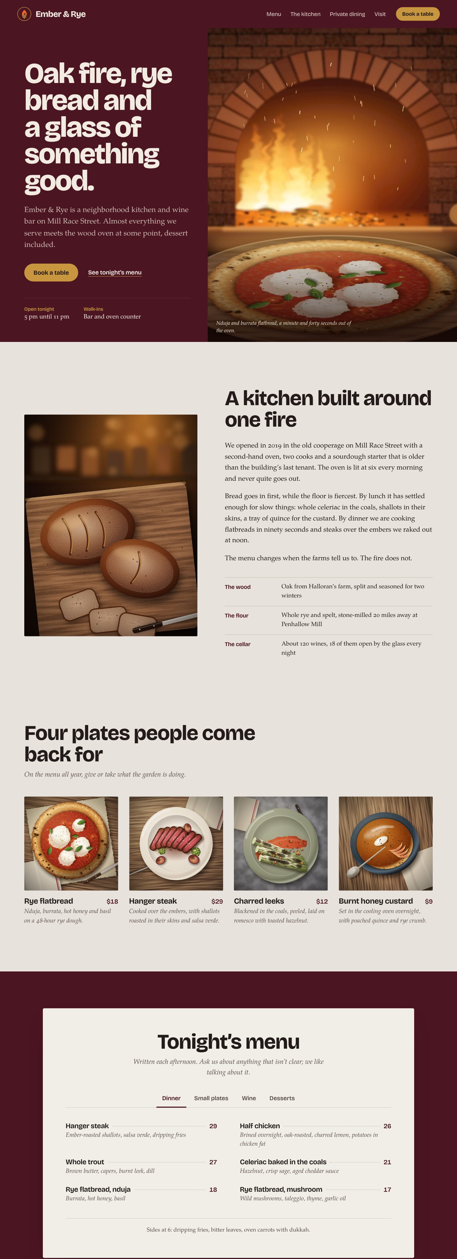 The full published restaurant page on desktop