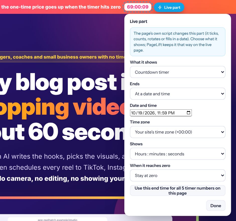 A sales page launch bar with its countdown marked Live part, and the box to set when it ends