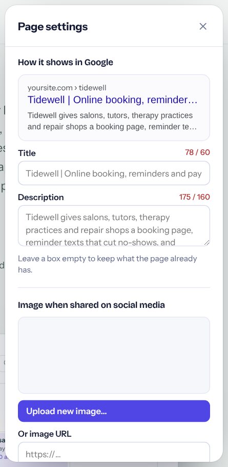 The Page settings panel with a Google preview, title and description