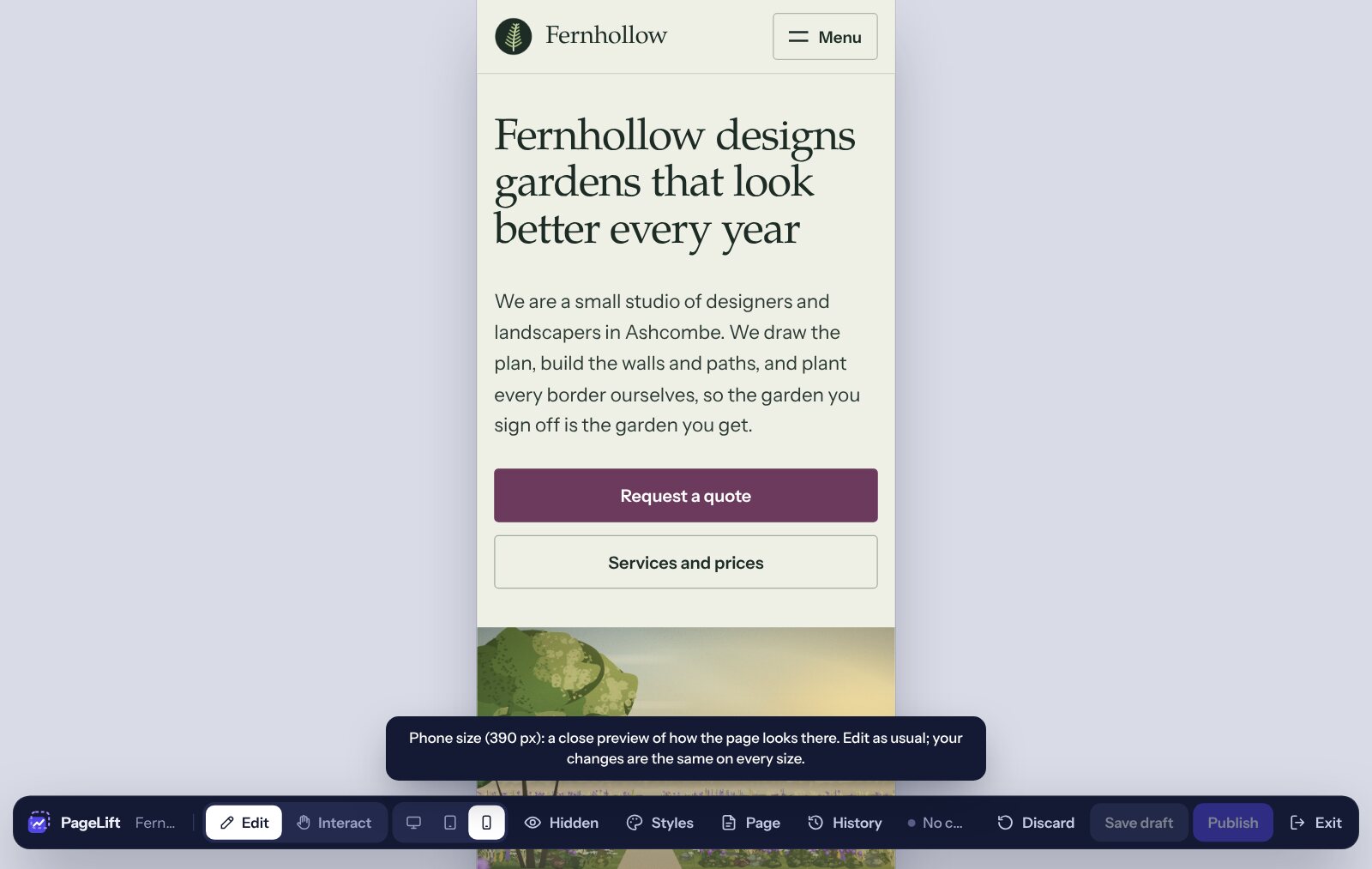 The editor showing a garden design site at phone size