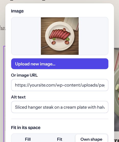 Clicking a dish photo opens a box to upload a new picture, with Fill, Fit and Own shape