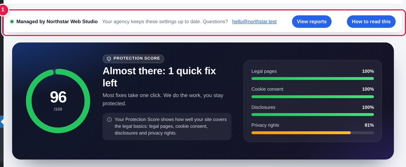 What a client sees: their score and the “Managed by” bar