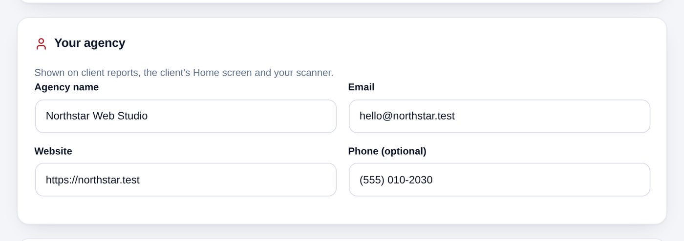 The Your agency card with name, email, website and phone