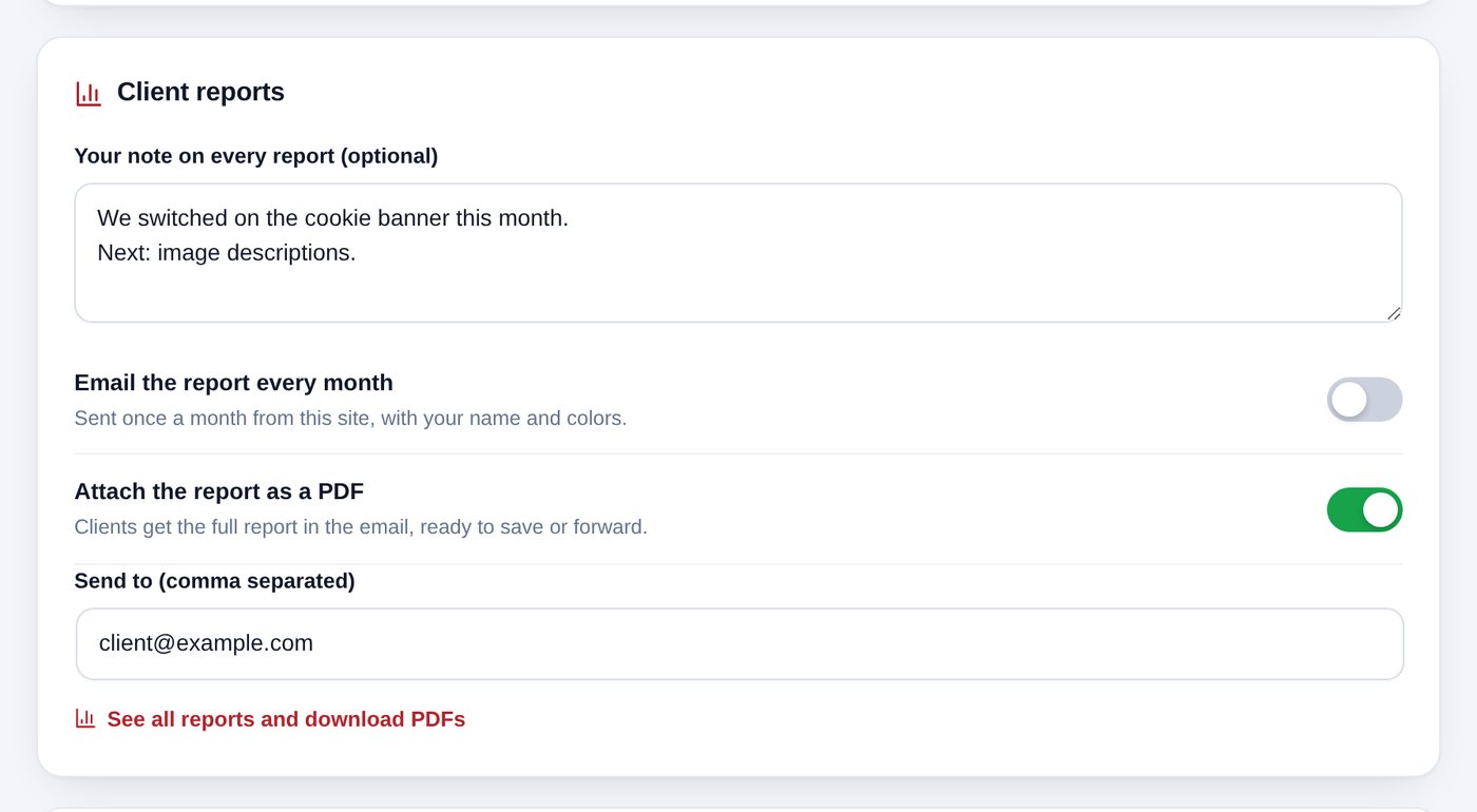 Client reports settings: your note, monthly email, PDF attachment and who to send to