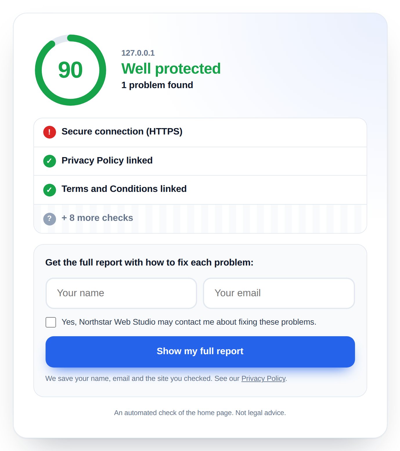 The free checker on a web page, with a score and the form to see all problems