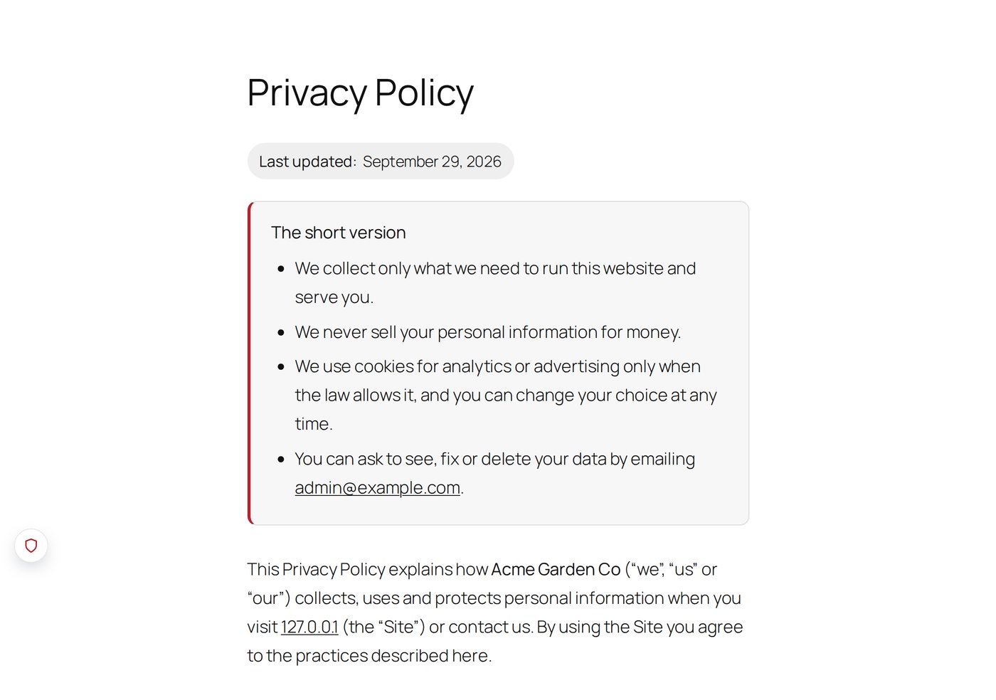 The top of a Privacy Policy made by the plugin