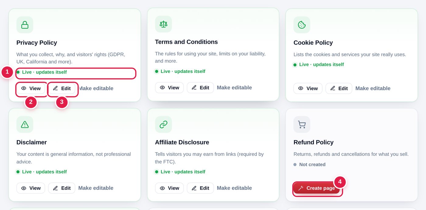 Page cards: a live page with View, Edit and Make editable, and a page that isn’t created yet