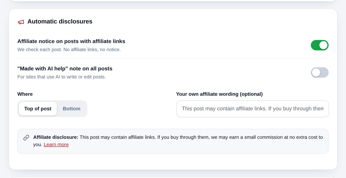 Automatic disclosures with a preview of the affiliate note
