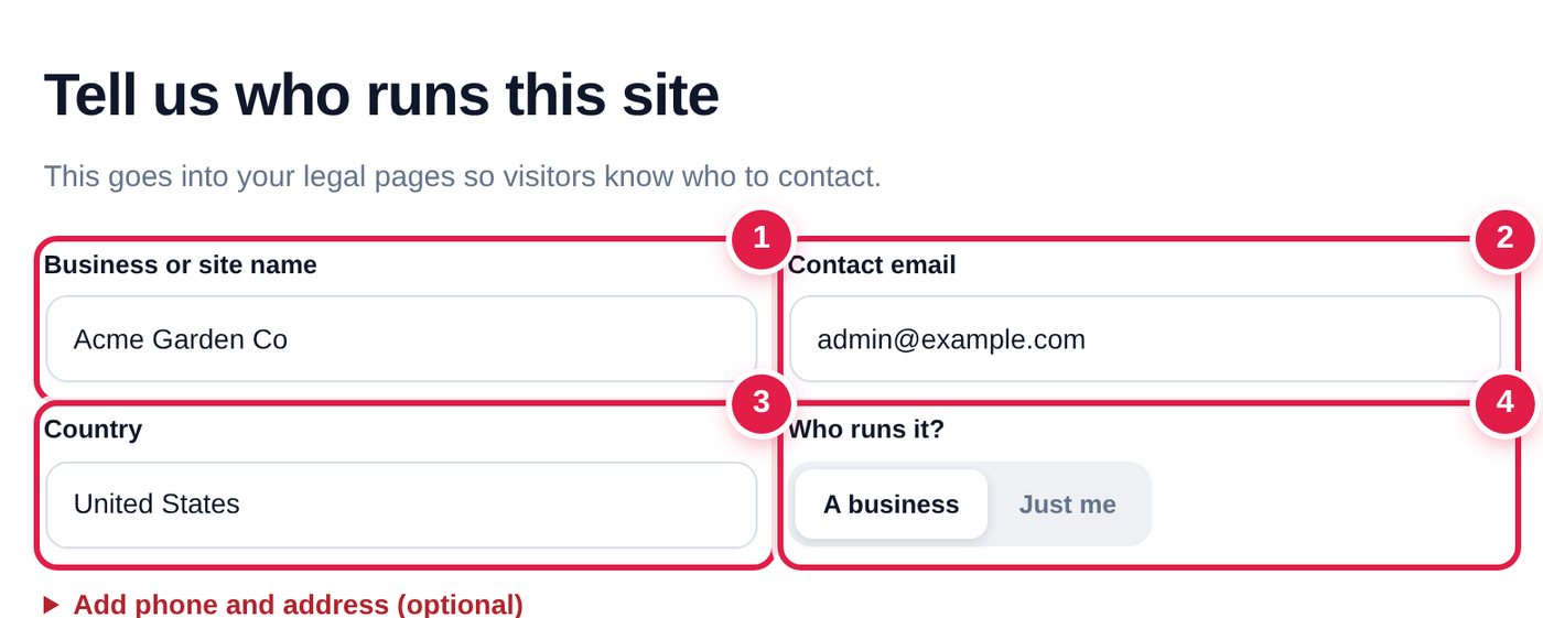 Step 2: business name, email, country, and who runs it