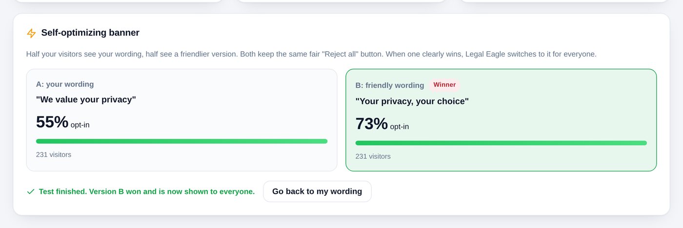 The self-optimizing banner test, with version B marked Winner