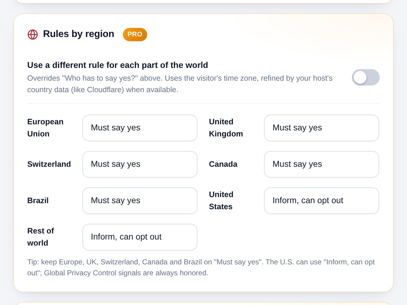 Rules by region: a row of three buttons for each part of the world