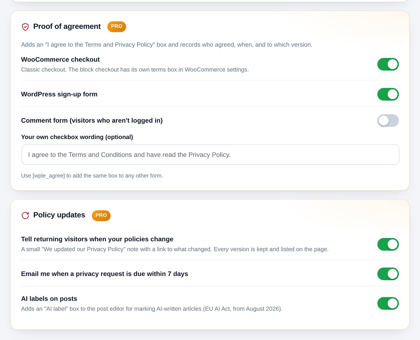 Proof of agreement, Policy updates and AI labels in Settings